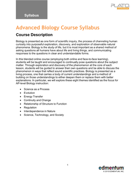 Advanced Biology Course Syllabus Course Description