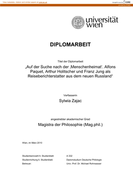 Auf Der Suche Nach Der ‚Menschenheimat'. Alfons Paquet, Arthur Holitscher Und Franz Jung Als Reiseberichterstatter Aus Dem Neuen Russland