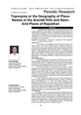 Names in the Aravalli Hills and Semi- Arid Plains of Rajasthan
