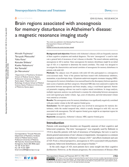 Brain Regions Associated with Anosognosia for Memory Disturbance in Alzheimer’S Disease: a Magnetic Resonance Imaging Study
