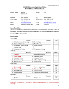 HUMA2670 Understanding Western Painting Course Syllabus and Class Schedule