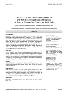 Distribution of Mast Cell in Acute Appendicitis and Its Role in Histopathological Diagnosis - a Study in Tertiary Care Centre from South India