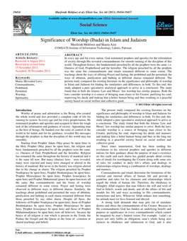 Significance of Worship (Ibada) in Islam and Judaism Musferah Mehfooz and Shazia Aziz COMSATS Institute of Information Technology, Lahore, Pakistan