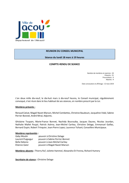 REUNION DU CONSEIL MUNICIPAL Séance Du Lundi 18