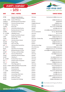 Events Calendar - 2021 - DATE EVENT / FESTIVAL REGION CONTACT DETAILS