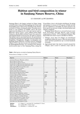Habitat and Bird Composition in Winter in Sanjiang Nature Reserve, China