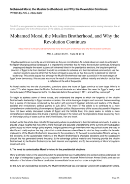 Mohamed Morsi, the Muslim Brotherhood, and Why the Revolution Continues Written by Ami J