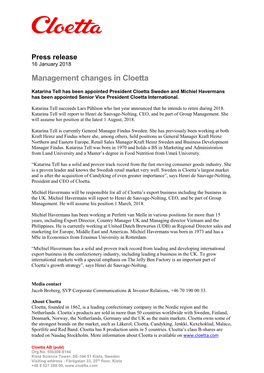 Management Changes in Cloetta