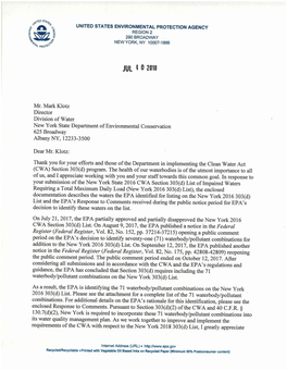 EPA Region 2 Decision Letter for New York State's 2016 303(D)