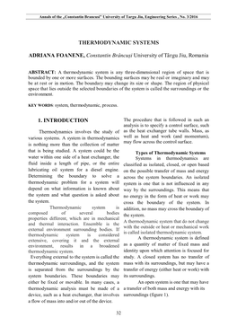 THERMODYNAMIC SYSTEMS ADRIANA FOANENE, Constantin Brâncuși University of Târgu Jiu, Romania 1. INTRODUCTION