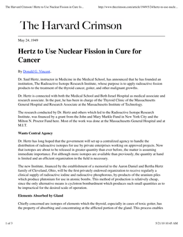 Hertz to Use Nuclear Fission in Cure for Cancer