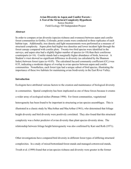 A Comparison of Avian Diversity in Aspen and Conifer Habitats