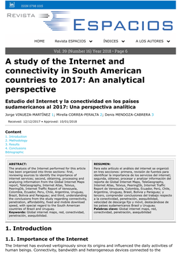 A Study of the Internet and Connectivity in South American Countries to 2017: an Analytical Perspective