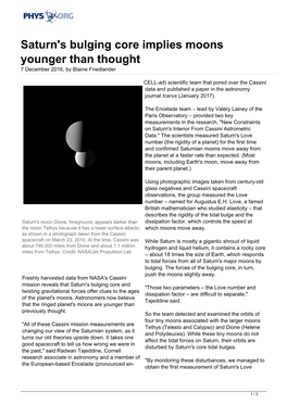 Saturn's Bulging Core Implies Moons Younger Than Thought 7 December 2016, by Blaine Friedlander