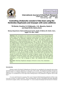 Controlling Orobanche Crenata in Faba Bean Using the Herbicides Glyphosate and Imazapic with Some Additives International Journa