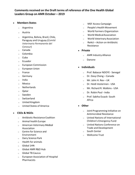 Comments Received on the Draft Terms of Reference of the One Health Global Leaders Group on AMR October – 2019