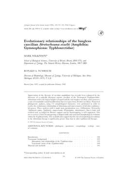 Evolutionary Relationships of the Lungless Caecilian Atretochoana Eiselti (Amphibia: Gymnophiona: Typhlonectidae)