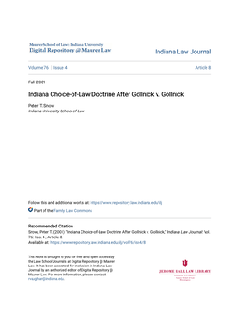 Indiana Choice-Of-Law Doctrine After Gollnick V. Gollnick