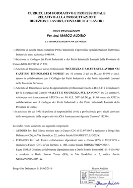 Curriculum Formativo E Professionale Relativo Alla Progettazione Direzione Lavori, Contabilita’ Lavori