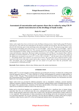 Assessment of Concentration and Exposure Doses Due to Radon by Using CR-39 Plastic Track Detectors in the Dwellings of Saudi Arabia