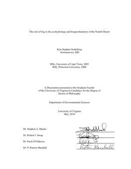 The Role of Fog in the Ecohydrology and Biogeochemistry of the Namib Desert