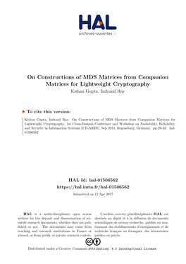 On Constructions of MDS Matrices from Companion Matrices for Lightweight Cryptography Kishan Gupta, Indranil Ray