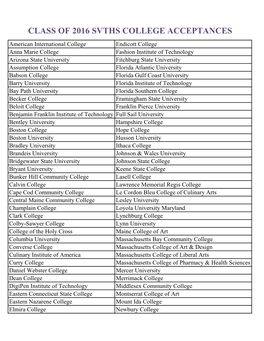 Class of 2016 Svths College Acceptances