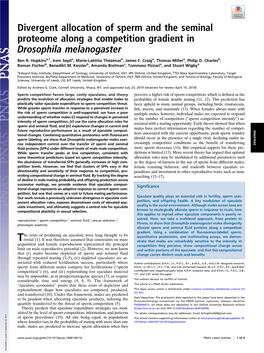 Divergent Allocation of Sperm and the Seminal Proteome Along a Competition Gradient in Drosophila Melanogaster