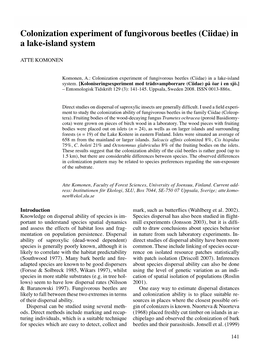 Colonization Experiment of Fungivorous Beetles (Ciidae) in a Lake-Island System