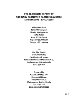 Pre-Feasibility Report of Ordinary Earth/Red Earth Excavation Minor Mineral - ‘B2’ Category