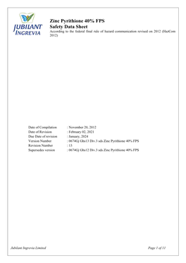 Zinc Pyrithione 40% FPS Safety Data Sheet According to the Federal Final Rule of Hazard Communication Revised on 2012 (Hazcom 2012)