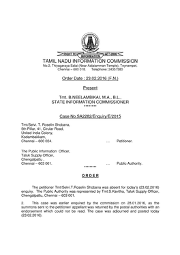 TAMIL NADU INFORMATION COMMISSION No.2, Thiyagaraya Salai (Near Aalaiamman Temple), Teynampet, Chennai – 600 018