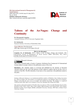 Taboos of the Ao-Nagas: Change and Continuity