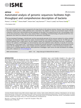 Automated Analysis of Genomic Sequences Facilitates High- Throughput and Comprehensive Description of Bacteria ✉ ✉ Thomas C