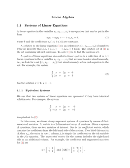 Linear Algebra 1.1 Systems of Linear Equations