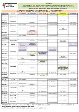 CALENDRIER DE L'espace MISSIONNAIRE DU 4E TRIMESTRE 2020