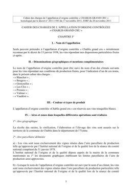 Cahier Des Charges De L'appellation D'origine Contrôlée « CHABLIS GRAND