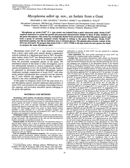 Mycoplasma Adleri Sp. Nov., an Isolate from a Goat