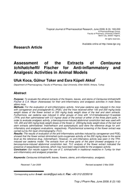 Assessment of the Extracts of Centaurea Tchihatcheffii Fischer for Anti-Inflammatory and Analgesic Activities in Animal Models
