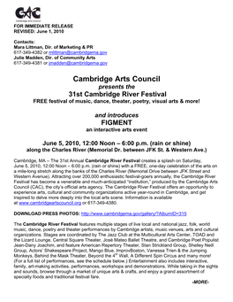 Cambridge Arts Council Presents the 31St Cambridge River Festival FREE Festival of Music, Dance, Theater, Poetry, Visual Arts & More!