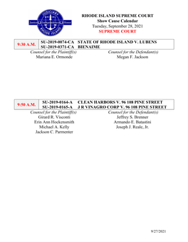 RHODE ISLAND SUPREME COURT Show Cause Calendar Wednesday, May 05, 2021 WEBEX 9:30 A.M. SU-2019-0403-A MARY LOWNEY V. CANTEEN RE