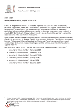 2009 Masterplan Area Nord4”Report 2004-2009” L'unità Di Progetto Alta