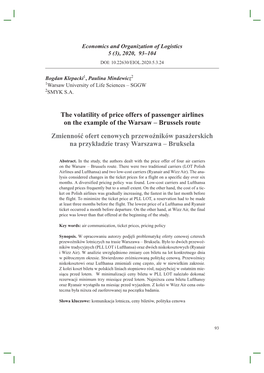The Volatility of Price Offers of Passenger Airlines on the Example of the Warsaw – Brussels Route