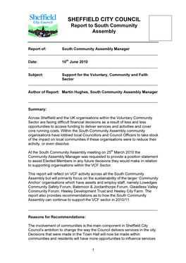 SHEFFIELD CITY COUNCIL Report to South Community Assembly
