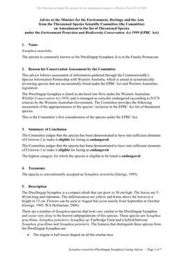 (Dwellingup Synaphea) Listing Advice — Page 1 of 7 the Minister Included This Species in the Endangered Category, Effective from 24/12/2009