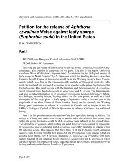 Petition for the Release of Aphthona Czwalinae Weise Against Leafy Spurge (Euphorbia Esula) in the United States