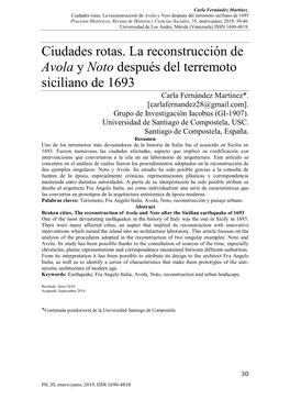 Ciudades Rotas. La Reconstrucción De Avola Y Noto Después Del Terremoto Siciliano De 1693 Procesos Históricos