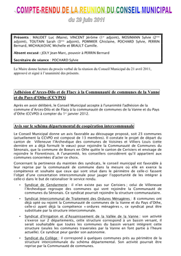 Adhésion D'arces-Dilo Et De Flacy À La Communauté De Communes De La Vanne Et Du Pays D'othe