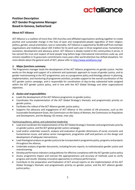 Position Description ACT Gender Programme Manager Based in Geneva, Switzerland