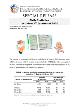 Special Release Birth Statistics 4Th Qtr 2020 La Union.Pdf
